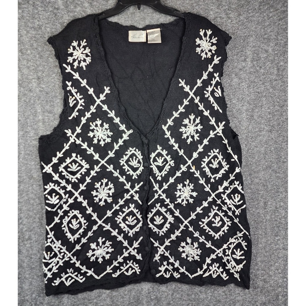 Kathie Lee Knit Vest Women 24W Black White Embroidered Beaded Vintage V-Neck